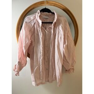 LJC Designs Blouse Women‎ XS Pink Excellent Linen Ruffle Neck Balloon Sleeve Top